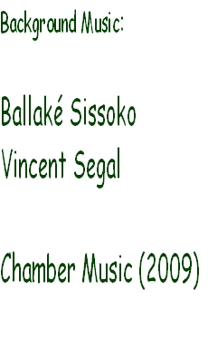 Background Music:

Ballaké Sissoko
Vincent Segal

Chamber Music (2009)

